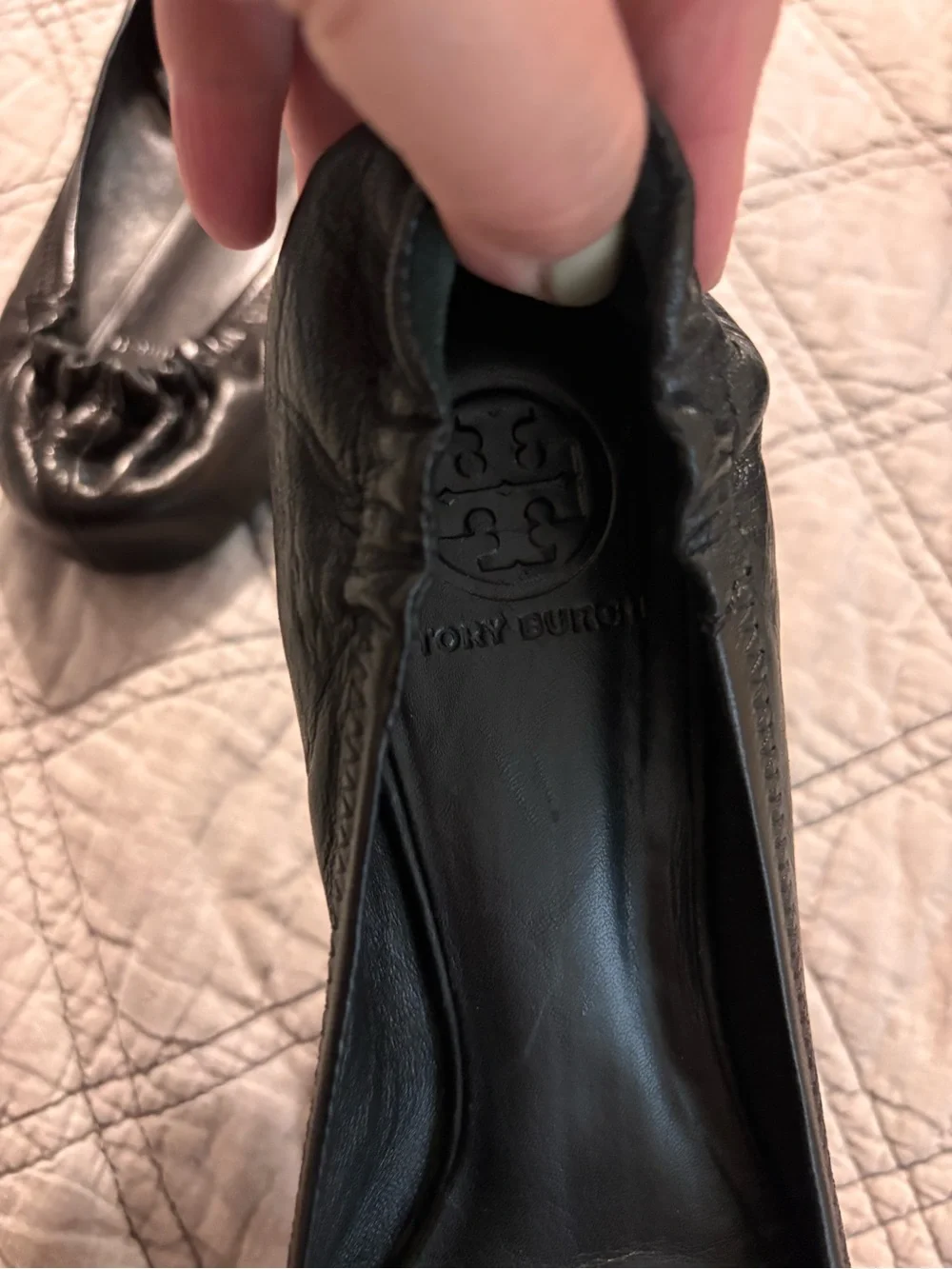 Tory Burch Black Leather Logo Ballet Flats with Silver Emblem